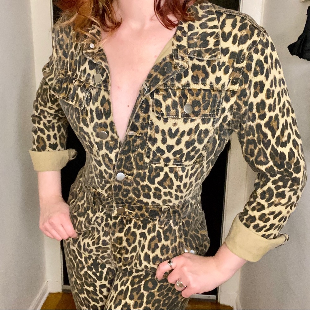 Nasty Gal Denim Leopard Print Boilersuit Jumpsuit